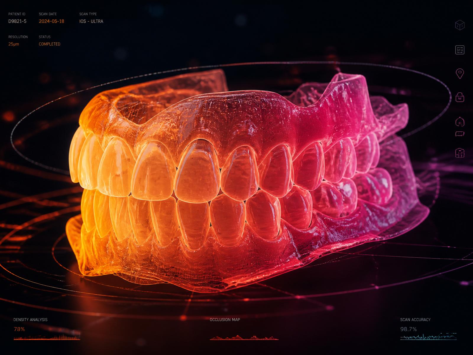 Digital scan of a full dental arch illuminated in orange-to-magenta gradient light